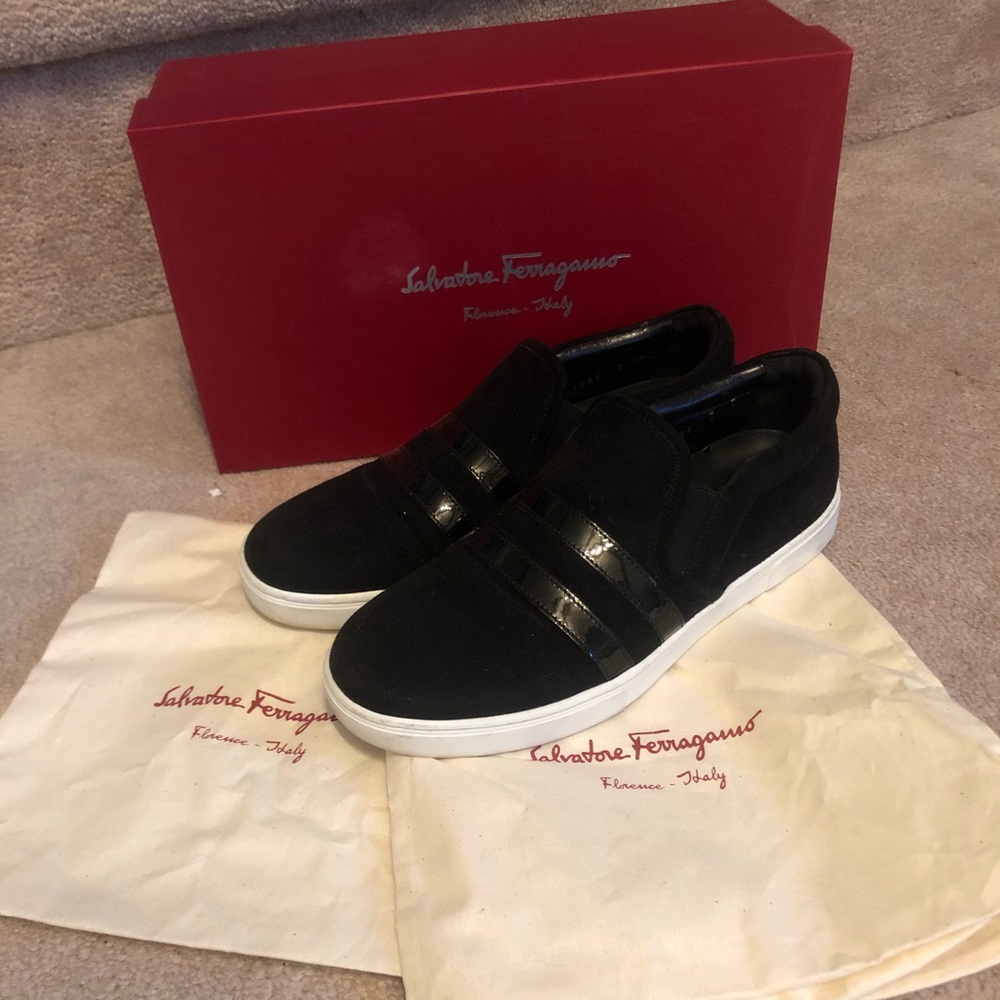 Salvatore Ferragamo Black Suede & Patent Leather Slip-On Sneakers